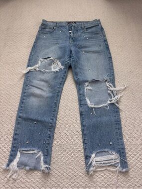 7 For All Mankind Light Blue Studded Distressed Boyfriend Jeans